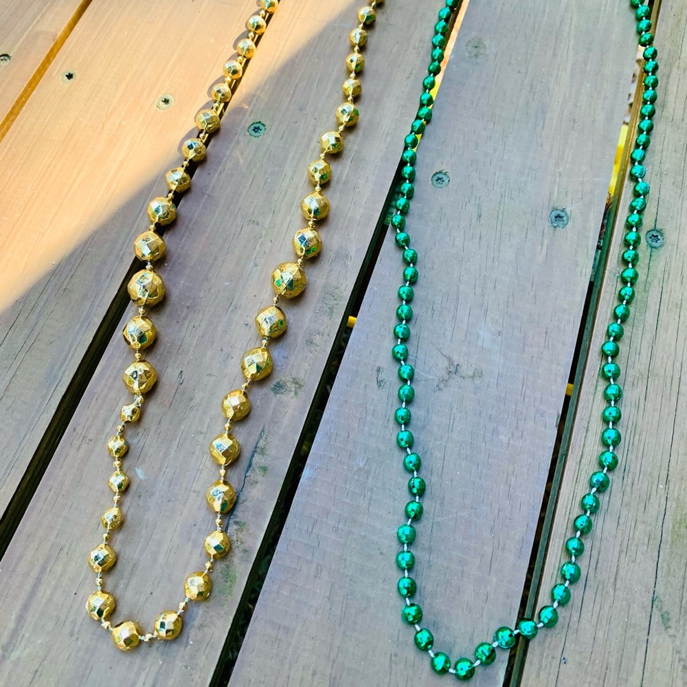 Mardi Gras St. Patrick’s Day (2) beaded necklaces Green and gold